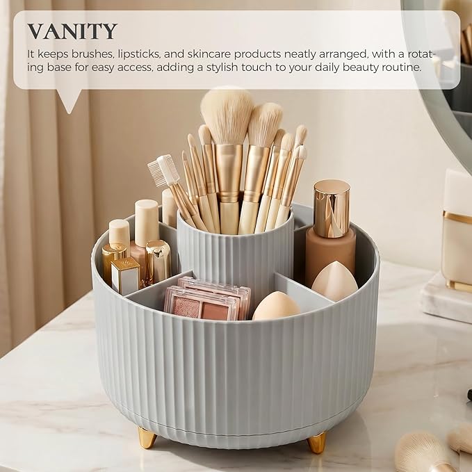 KONVINIT Pencil Pen Holder for Desk, 5 Slots 360-Degree Rotating Desktop Organizer, Cute Desk Organizers and Accessories for School, Home, Office and Art Supply, Grey