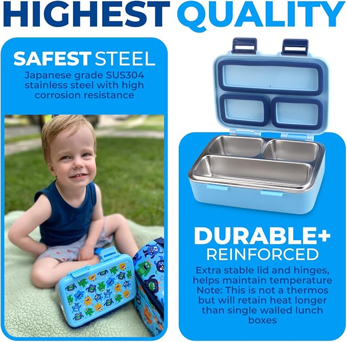 kinsho Small Stainless Steel Lunch Box for Baby Toddlers, Blue Cute Monster | Mini Bento, 3 Eco Metal Portion Sections, Silicone Seals, Leakproof Lid, Spill-Proof Boys Meal Container Daycare Pre-School