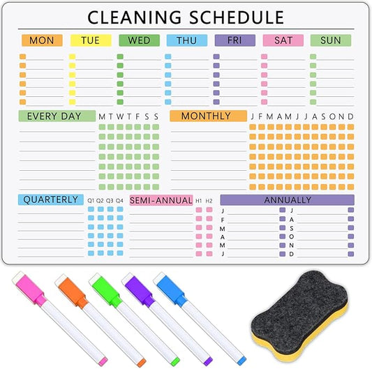 Cleaning Checklist Dry Erase Magnetic Whiteboard for Refrigerator – Daily, Weekly & Monthly Planner with 5 Highlight Markers & Eraser – Household Chore Schedule, Kitchen Organizer, Family Task Planner