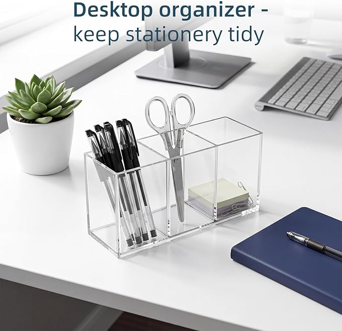 Acrylic Pen Holder, Clear Makeup Brush Holder for Vanity, 3-Compartment Desk Organizer for Office and Bathroom, Pencil Cup Stationery Organizer