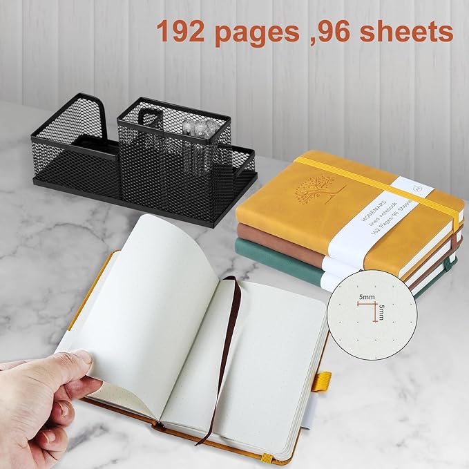 HOMEMARS Small Notebook, Pocket Notebook, 3 Pack, Notebook A6, Dotted,3.7" x 5.7"Leather, Brown, Green, Yellow,192 Pages Each, Hardcover, Mini Journal Notepad, Embossing Tree Design