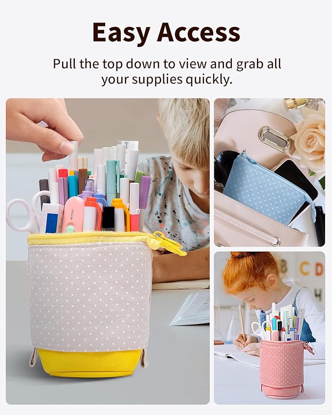 Sooez Standing Pencil Case, Cute Stand up Pencil Pouch, Telescopic Pen Pouch, Portable Pencil Holder, Cute Stand up Pencil Case, Spacious Pencil Pouch Bag for School Office Supplies Yellow