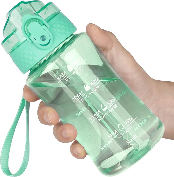 OLDLEY 12oz Kids Water Bottle, Tritan BPA-Free, Leakproof Flip Straw Lid, Motivational Time Marker, Carry Strap, Reusable Clear Water Bottle for Boys & Girls,Glow Green