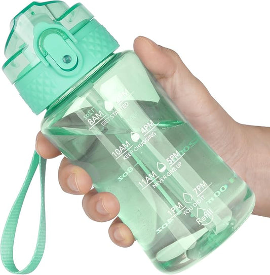 OLDLEY 12oz Kids Water Bottle, Tritan BPA-Free, Leakproof Flip Straw Lid, Motivational Time Marker, Carry Strap, Reusable Clear Water Bottle for Boys & Girls,Glow Green