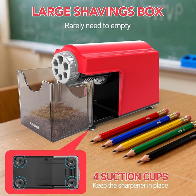 AFMAT Electric Pencil Sharpener Heavy Duty, 6 Holes, Cordless & Rechargeable, Super Fast, Auto Stop, 10K+ Uses, Classroom Pencil Sharpener for 6-11mm No.2/Large/Colored Pencils PSD4(Red)