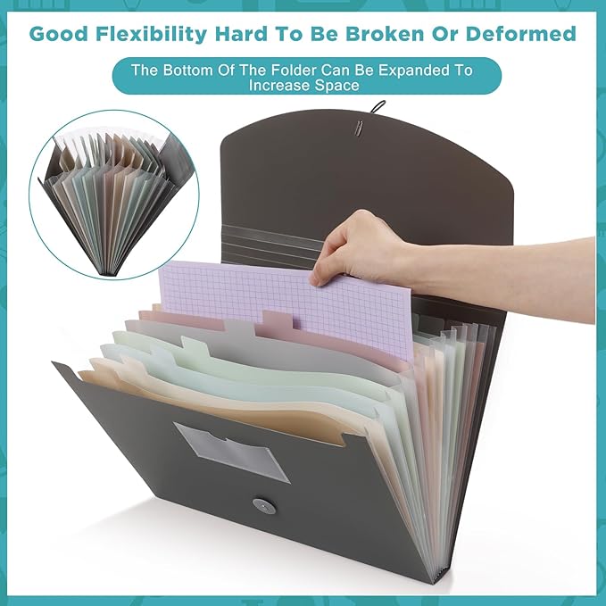 Cholemy Expanding File Folder 13 Pockets File Organizer with Labels A4 Letter Size Receipt Document Organizer Plastic Expandable Filing Folders for Office, Home(Gray)