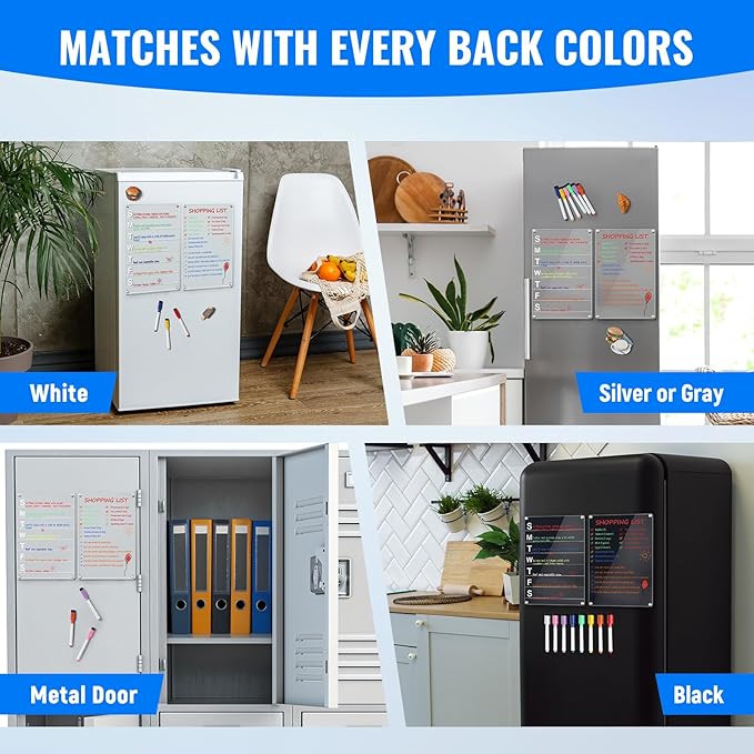 2 Pack 12''*8'' Acrylic Magnetic Planning Board Set, Clear Weekly Meal Planner with Whiteboard Memo, Menu Board for Kitchen with 8 Color Markers, Dry Erase Board for Shopping Grocery List/to Do List
