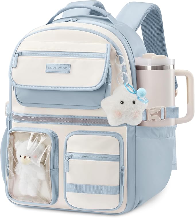 LOVEVOOK School Backpack for Girls, Cute Bookbag for Teen 8-16, DIY Friendly 15.6" Laptop Backpack for Middle High College Student Back to School, Bag with Water Bottle Pocket for Travel, Blue