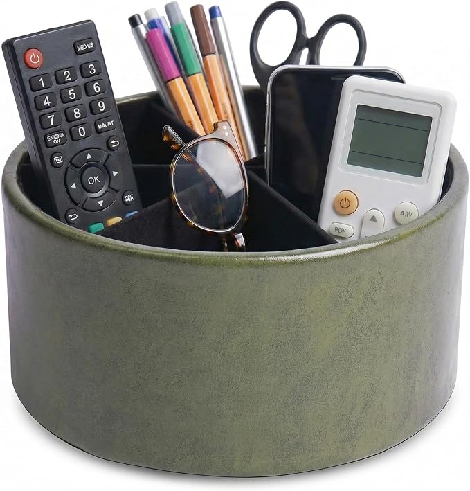 Remote Control Holder, 360°Spinning PU Leather Desk TV Remote Caddy,Desk Storage Box Room Accessories for Controller, Media,Mail,Calculator, Mobile Phone,Pencil(1-Oil Green)