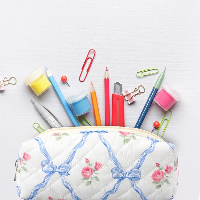 Sherr Coquette Bow Pencil Case Blue Floral Bow Cute Pencil Pouch Soft Cotton Storage Bag Aesthetic Pattern Gift Makeup Pouch Cosmetic Bag for Women Adults