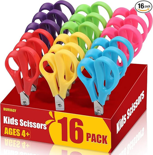 BURVAGY 16Pack 5.5" Safety Small School Kids Student Round Blunt Tip Craft Scissors Bulk, Stainless Steel Blades Comfort Grip Scissors for Kid Children Kindergarten Cutting Paper