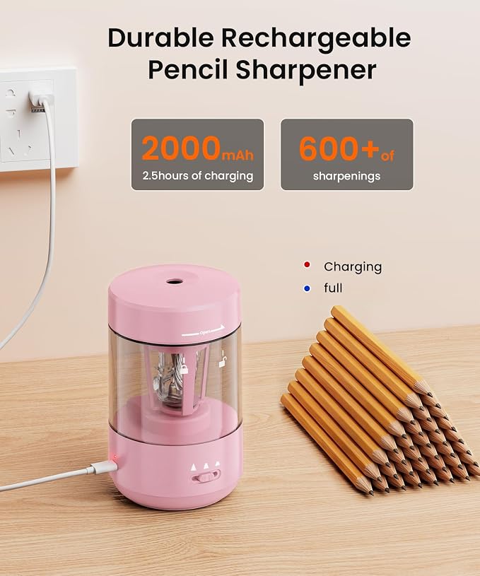 Electric Pencil Sharpener for Classroom, Fully Automatic, Light Pink