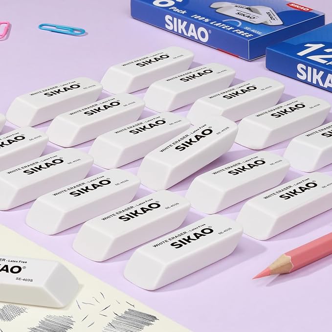 White Erasers, 6 Pack Pencil Erasers for Kids – Latex-Free & Smudge-Free Beveled Rubber Erasers for School Supplies, Classroom, Tests & Homework