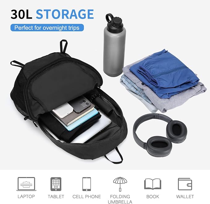 30L Large Hiking Daypack, Foldable Outdoor Backpack, Black | Packable Daypacks for Men Women, Lightweight Water-Repellent Collapsible Daypack for Commuting Outdoor Sports Camping