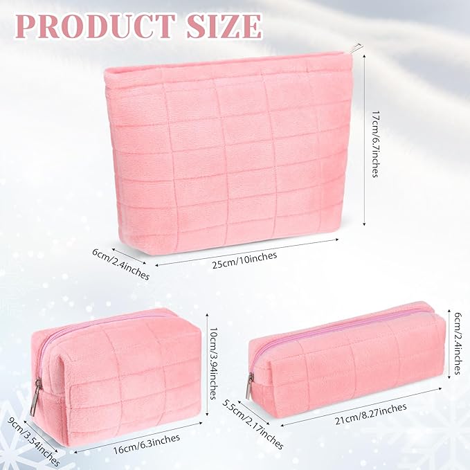 Huhumy 3 Pcs Puffy Makeup Bag Set Quilted Plush Emergency Pouch for Women Cute Checkered Travel Toiletry Bag Puffer Aesthetic Makeup Organizer Cosmetic Purse Pouch Preppy Pencil Case(Pink)