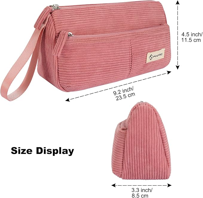 FINPAC Pencil Case, Corduroy Triangle Makeup Bag Kawaii Pen Bag Pouch | Pencil Holder Box Organize for Study, Office, or Travel, Pink