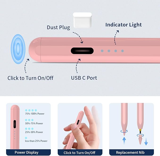 Stylus Pen for iPad,(2018-2026) Fast Charge with Tilt Sensitivity & Palm Rejection Compatible with iPad Pro 11"/12.9", iPad mini 5/6, iPad Air 3/4/5, iPad 6/7/8/9/10 (PK)