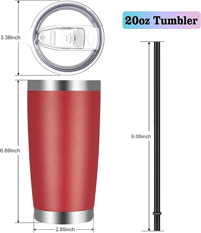 VEGOND 20oz Tumbler with Lid and Straw Stainless Steel Tumbler Cup Bulk Vacuum Insulated Double Wall Travel Coffee Mug Powder Coated Coffee Cup, Red, 6 Pack