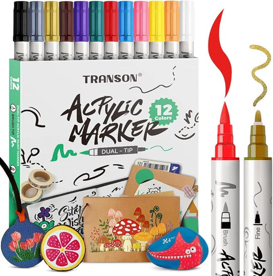 TRANSON 12 Colors Fine and Brush Dual-tip Acrylic Paint Marker Pen Set for Canvas Rock Wood Leather Ceramic DIY Painting