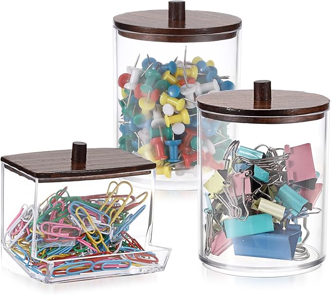BTSKY Set of 3 PaperClip Holders with Bamboo Lid, Round Binder Holder for Desk, Clear Paper Clip Dispenser Small Office Supply Accessory Organizer Qtip Holder for Office Bathroom Vanity, Black
