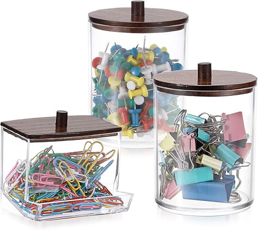 BTSKY Set of 3 PaperClip Holders with Bamboo Lid, Round Binder Holder for Desk, Clear Paper Clip Dispenser Small Office Supply Accessory Organizer Qtip Holder for Office Bathroom Vanity, Black
