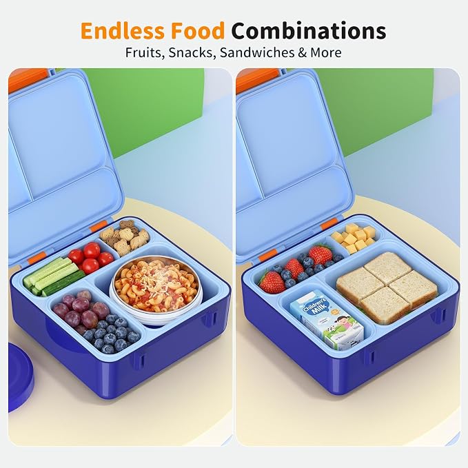 Bento Box for Kids, Lunch Box with Sticker for School | DIY Sticker Fun, Quick Lunch Packing, 4-Compartment Design, Insulated Food Jar, BPA-Free, Leak-Proof