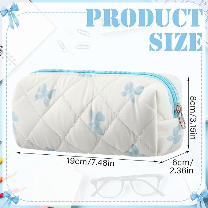 Sherr Coquette Bow Pencil Case Blue Bow Cute Pencil Pouch Soft Cotton Storage Bag Aesthetic Pattern Gift Makeup Pouch Cosmetic Bag for Women Adults