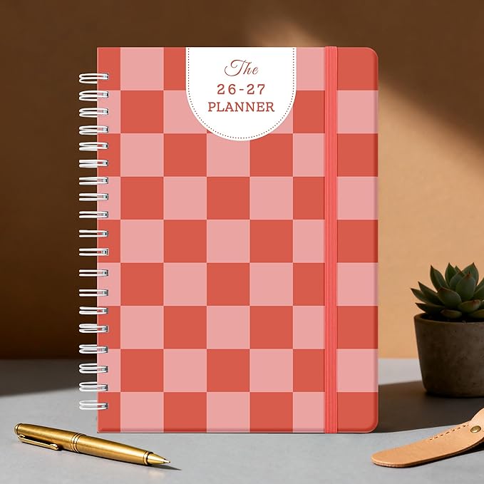 Planner 2026-2027 Monthly and Weekly Academic Planner July 2026 - June 2027, Hardcover Calendar 2026-2027 Agenda Daily Planner for Student Teacher School Office Supplies, 7.4" x 10.2", Pink Checkered