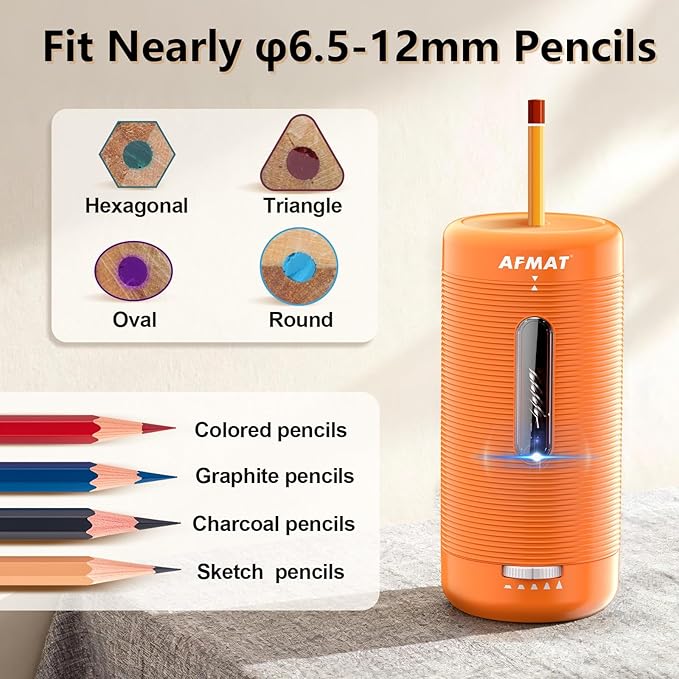 AFMAT Electric Pencil Sharpener, Fully Automatic Pencil Sharpener, Auto in & Out, Rechargeable Hands-Free Sharpeners for Jumbo & Colored Pencils (6.5-12mm), Portable for Home/Classroom/Office PSC2