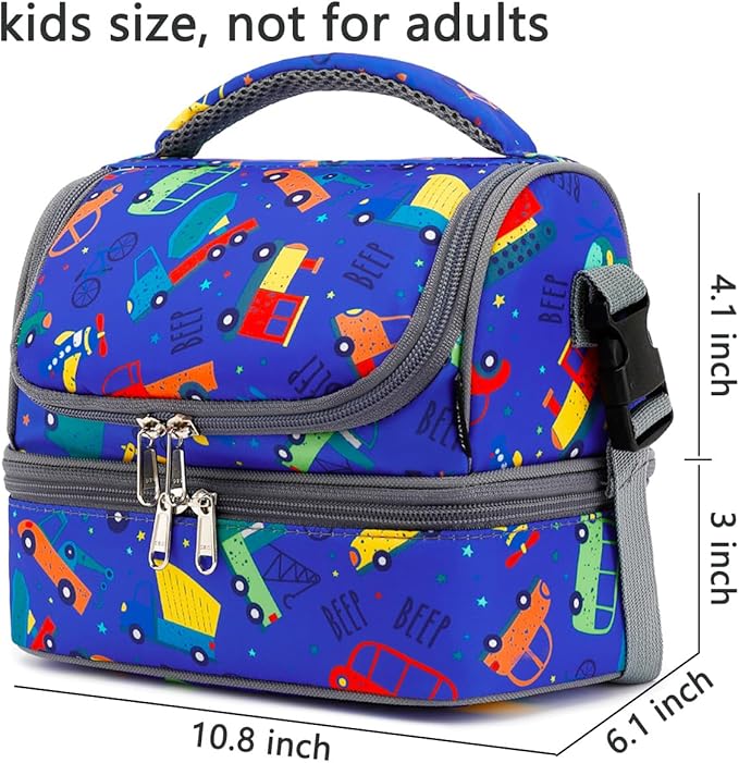 FlowFly Kids Double Decker Cooler Insulated Lunch Bag Large Tote for Boys, Girls, Men, Women, With Adjustable Strap, Car