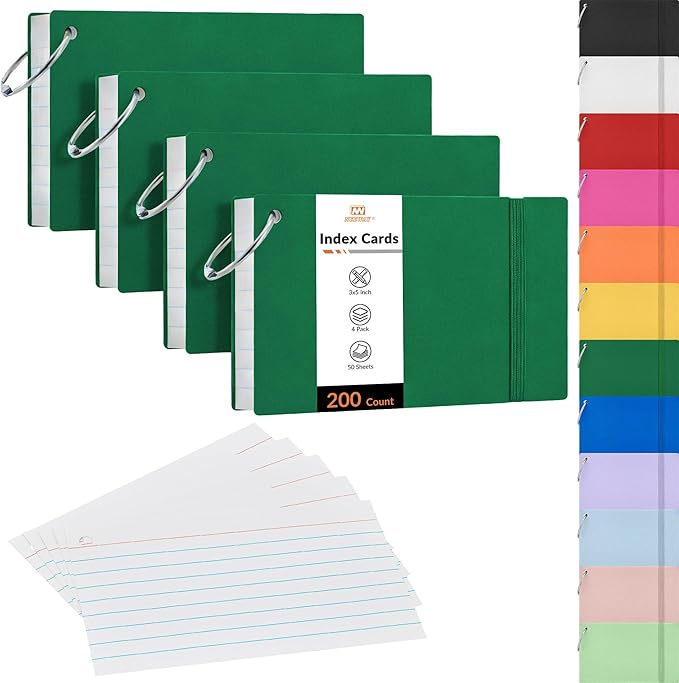 NEEWAY Ruled Index Cards with Ring 3x5 Inches, 200 Count Note Cards Lined, Flash Cards with Rings for Studying, Home and Office (Green)
