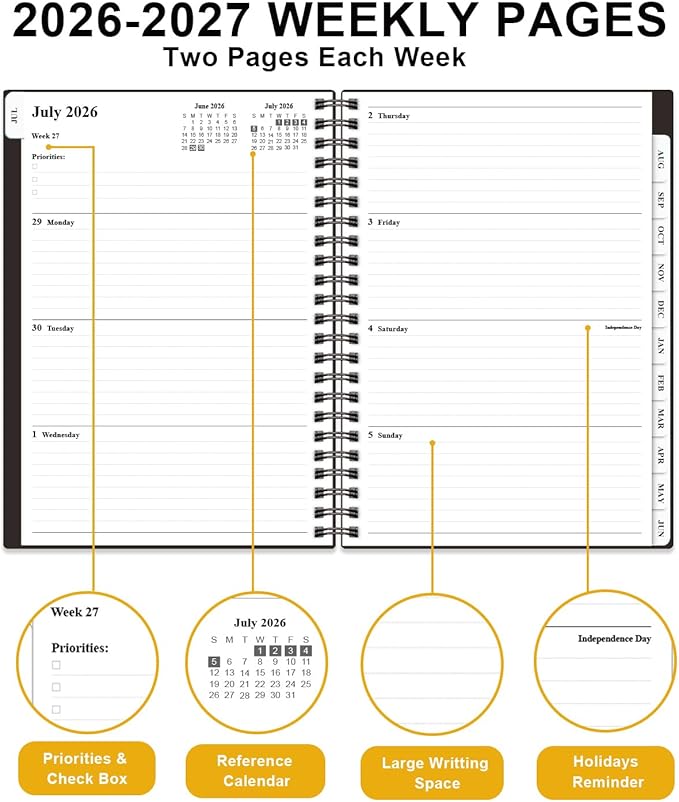 Planner 2026-2027 - Academic Planner from July 2026 to June 2027, Weekly & Monthly Planners Spiral Bound with 12-Month Tabs, Inner Pocket, 6.25" x 8.5", Black