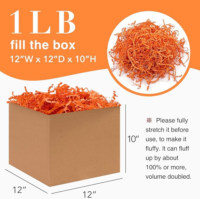 1LB Crinkle Cut Paper Shred Filler for Gift Box Bag and Basket On Halloween(Orange)