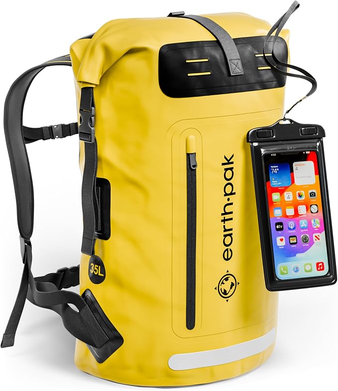 Waterproof Dry Bag Backpack 35L - Kayaking Boating Fishing Rafting Marine | Yellow 35L dry bag: 500D PVC, abrasion resistant build, IPX8 phone case for river and lake trips