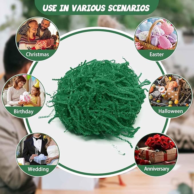 Tisspoms 3LB Crinkle Cut Paper Shred Filler, Paper Shreds for Basket Fillers, Birthday, Gift Wrapping, Anniversary, Wedding, Halloween, Thanksgiving, Christmas Gift Decor Party Filler (Dark Green)
