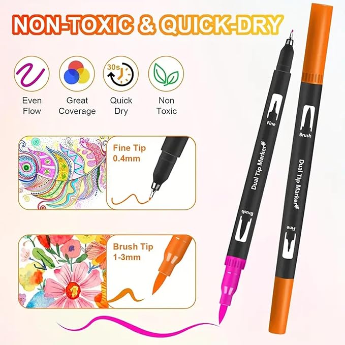 Dual Brush Markers Pens, 168 Colors Dual Tip(Fineliner & Brush) Art Markers, Artist Coloring Marker Set for Adult Coloring Books No Bleeding