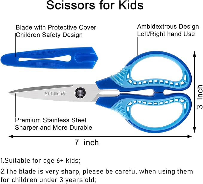 7" Kids Scissors - Pointed Tip Right/Left Scissors with Protective Cover, Soft ABS Grips & Stainless Steel Blades, Ultra Durable for Classroom, Homeschool, Daily Use (3-Pack)