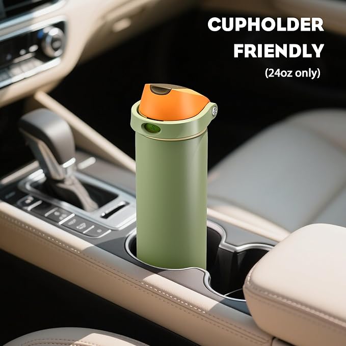 POWCAN 24 oz Metal Sports Water Bottle: 2-in-1 Push-Button Spout & Quick-Flip Straw, Leakproof, Cold 24 Hrs, Fits Car Cup Holder, Insulated Bottle for Hiking, Camping, School, Travel Gift (Olive Cool)