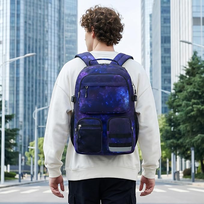 Lohol Water Resistant Backpack with Multifunctional Pockets for Teens, Durable Bookbag fits 15.6 inch Laptop for School Travel College, 25L (Black Purple Galaxy)