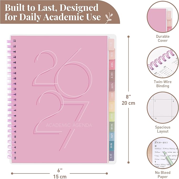 Rileys Academic Planner 2026-2027, Daily, Weekly & Monthly Planner, July 2026 - June 2027, Student Notes Pages, Twin-Wire Binding, Weekly Agenda for School & Work (8 x 6-Inches, Deco, Pink)