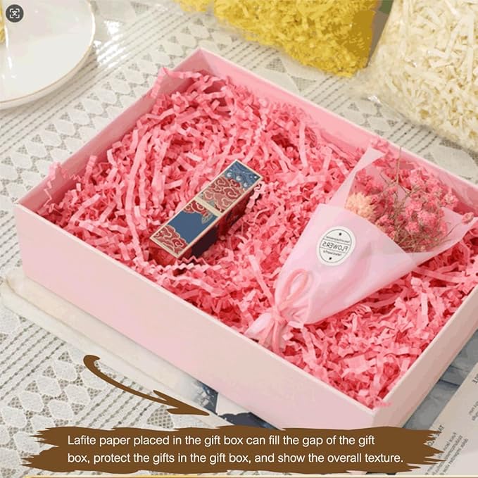LYARCHTE Crinkle Paper Filler 5.2 oz, Crinkle Cut Paper Shred Filler Shredded TissueRaffia Grass Paper for Gift Basket Packing Bag Filler (Pink)