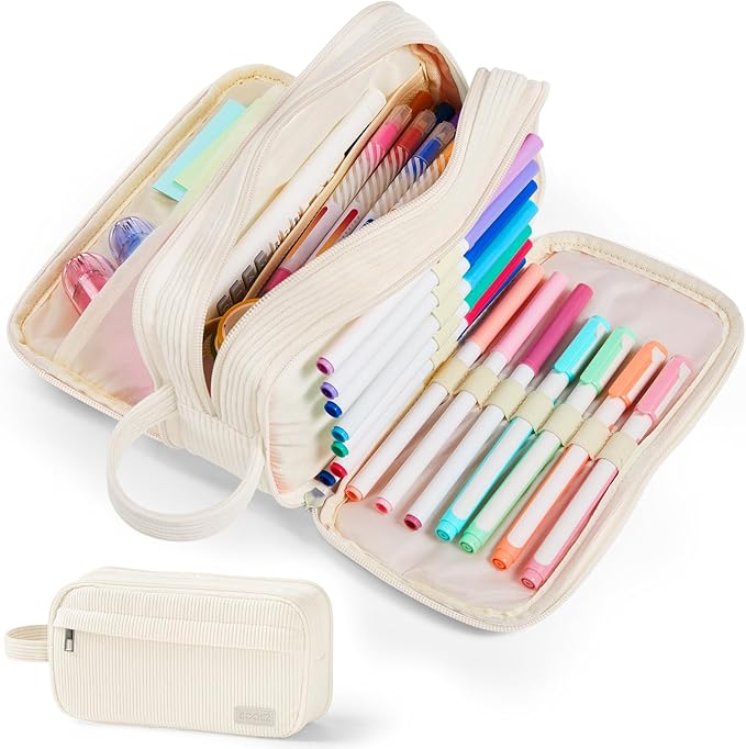 Sooez High Capacity Pencil Case, Soft Corduroy Pencil Pouch with 4 Compartments, Multiple Pockets, Large Pencil Bag with Sturdy Zipper, Cute Pencil Case Pouch Organizer for Student Teen Girls, Beige