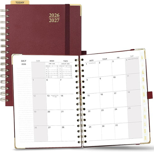 POPRUN Monthly Planner 2026-2027 Spiral Hardcover (6.25'' x 8.5''), 18 Months Calendar (Jan.2026-Jun.2027) - 2 Pages per Month with Dotted Note Pages, Sunday Start, Laminated Tab - Burgundy