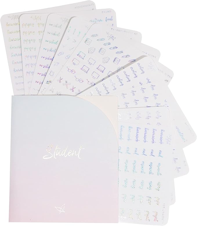 Student Planner Stickers - Clear Pixie Dust Foil - School - Study - Icons - Tests - Homework - Over 600 Stickers - Folder Included - Minimal - Pixie Dust