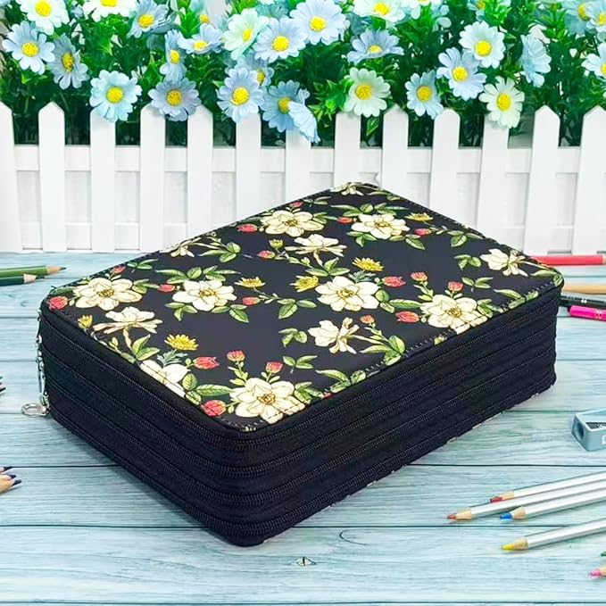 YOUNGCOL 200 Slots Colored Pencil Case Color Pencil Organizer Storage Large Capacity Pencil Case (Black + Retro Flower)