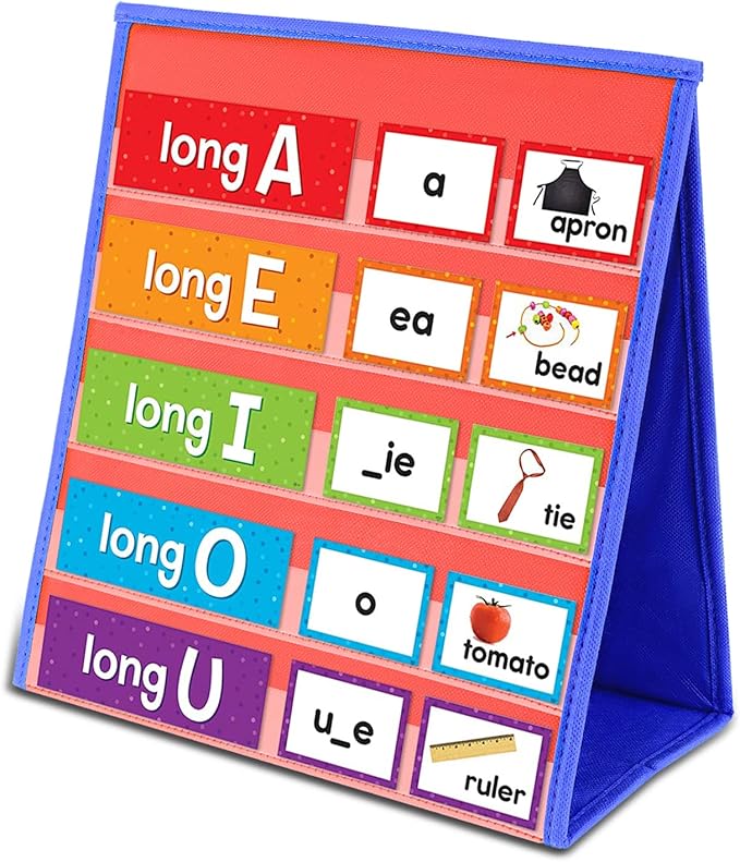 Tabletop Pocket Chart for Classroom, Small Double Sided Pocket Chart for Kids Learning at Home (Red-Blue)