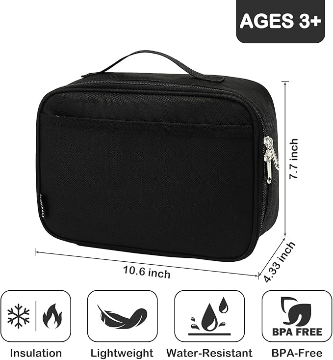 FlowFly Kids Lunch box Insulated Soft Bag Mini Cooler Back to School Thermal Meal Tote Kit for Girls, Boys, Black