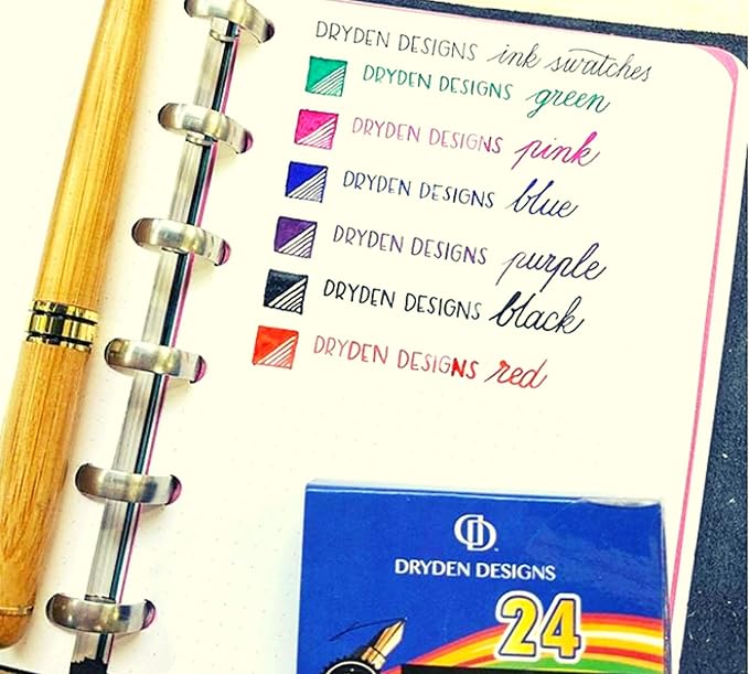 Dryden Designs Fountain Pen Ink Cartridges - Set of 24 Assorted Colors: Black, Blue, Green, Purple, Red, Pink - Short International Standard Size - Disposable and Generic Ink Refill Cartridges.