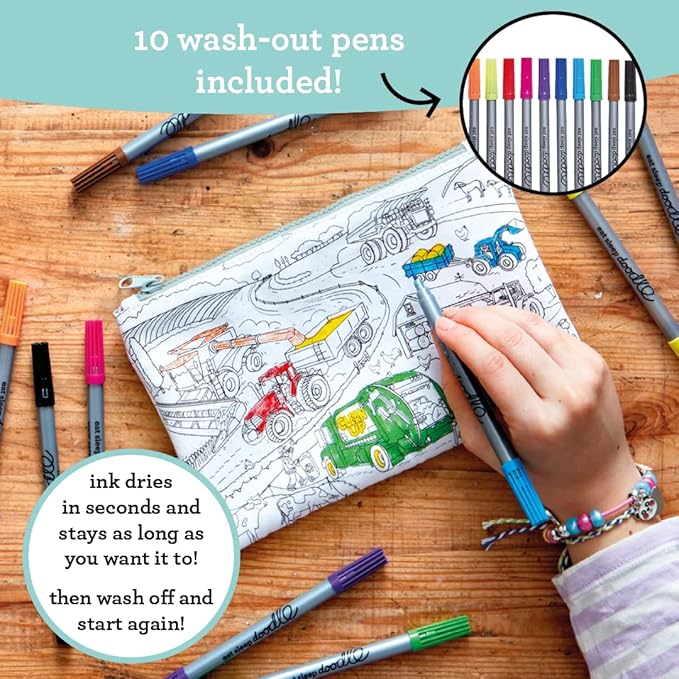 eatsleepdoodle DIY Coloring Cars & Tracktors Pencil Case for Kids with 10pcs Washable Markers, Reusable Art Supply Organizer, Fun Arts & Crafts Activity for Boys & Girls, Creative Gift Idea for Ages