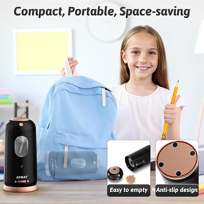 AFMAT Electric Pencil Sharpener, Auto in & Out, Fully Automatic Pencil Sharpener, Rechargeable Hands-Free Sharpeners for Jumbo & Colored Pencils (7-11.5mm), Good for Classroom/Home/Office PSC8(Black)